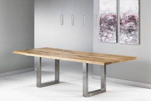 Esstisch Baumkante naturbelassen Eiche massiv Zinneinlage Edelstahl-Kufen Maßanfertigung